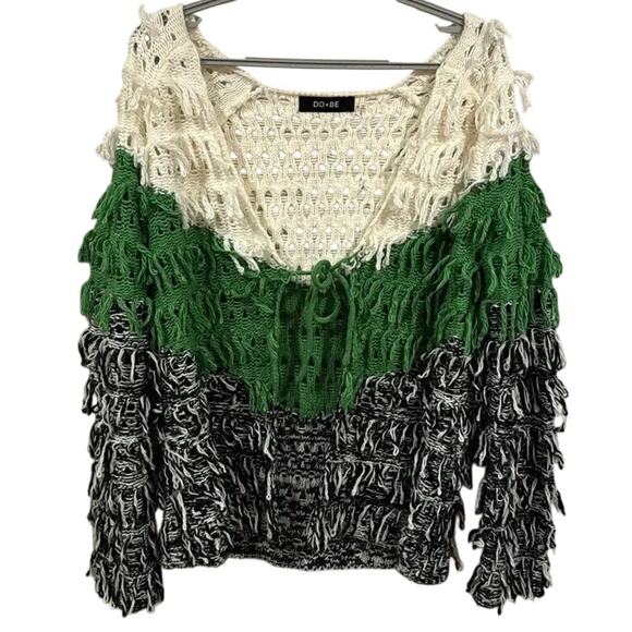 DO+BE Cardigan Sweater Color Block Grunge Oversized Looped Fringe Size Medium - Picture 2 of 8